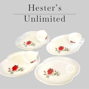 Rose-crest  Cups (x3) Plate (x4) Snack Set White Glass Red Rose. Free  Shipping